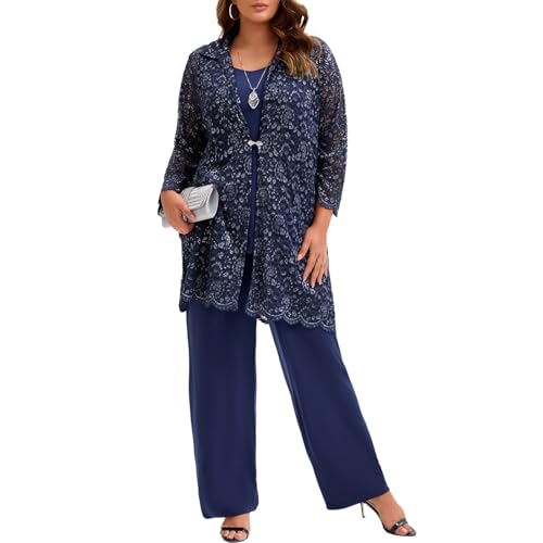 Plus Size Mother of The Bride 3 Piece Lace Pant Suit Set Formal Wedding Guest Attire for Weddings Evening Party Occasions Blue by Go Mai - Used condition - US$108.10