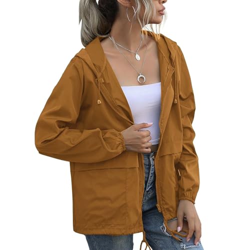 PESION Women's Waterproof Raincoat Lightweight Rain Jacket Hooded Windbreaker with Pocket for Outdoor XX-Large Caramel