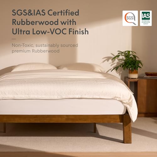 Image of FLEXISPOT Hako G2 Japanese Joinery Bed Frame, Solid Rubberwood King Platform Bed, IAS & SGS Certified, Japandi Minimalist, Noise-Free, No Tools Assembly, 1500lb Capacity, 10-Year Warranty, Walnut