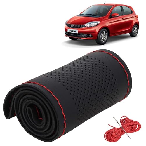 Image of KINGSWAY PU Leatherite Car Steering Cover Sewable Compatible with Tata Tiago (Year 2016-2020), Black Color with Red Thread, Pack of 1 with Sewing Needle and Thread