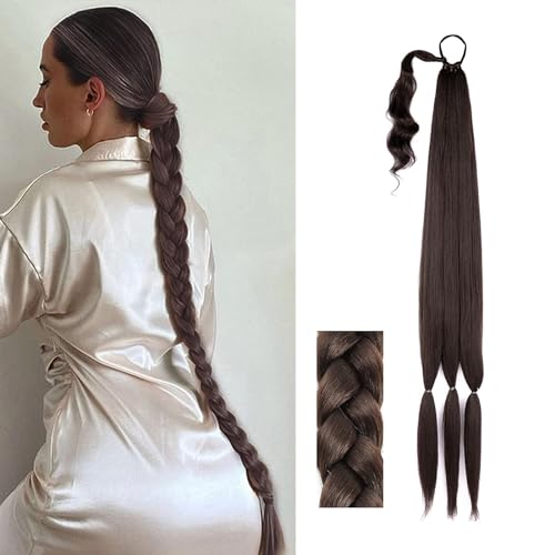 32inch Long Braid Ponytail Extension Straight Sleek Wrap Around Braid Hair Extensions Ponytail Synthetic Hair Pieces for Women Girls (Black Brown)