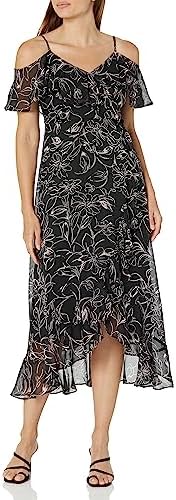 London Times Women's Floral Printed Cold Shoulder Faux Wrap Hi-Low Maxi Dress with Ruffle Details, Black/Blush