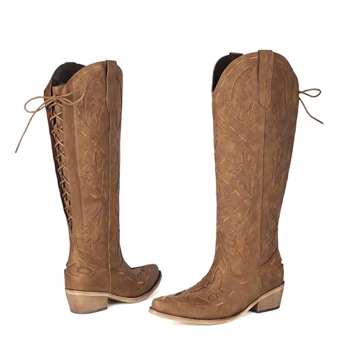 Wide Calf Cowboy Boots Women Knee High Embroidered Western Cowgirl Boot Back Lace Up Chunky Heels Pointed Toe Side Zipper2