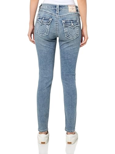 True Religion Women's Crystal Halle Mid Rise Skinny Flap Jeans Super T Stitching2