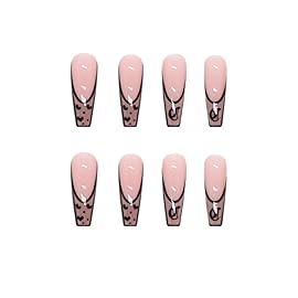YoYoee Black French Press on Nails - Coffin Long Fake Nails Acrylics Full Cover False Nails Heart Pattern Nails Tips for Women and Girls 24PCS