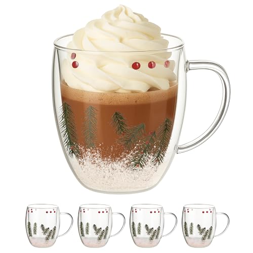 Gusto Buono Taza de vidrio de borosilicato de doble pared de 325 ml, juego de 4 unidades, diseño de cosas navideñas en el interior, hecha a mano, resistente al calor, solo lavar a mano, perfecta para