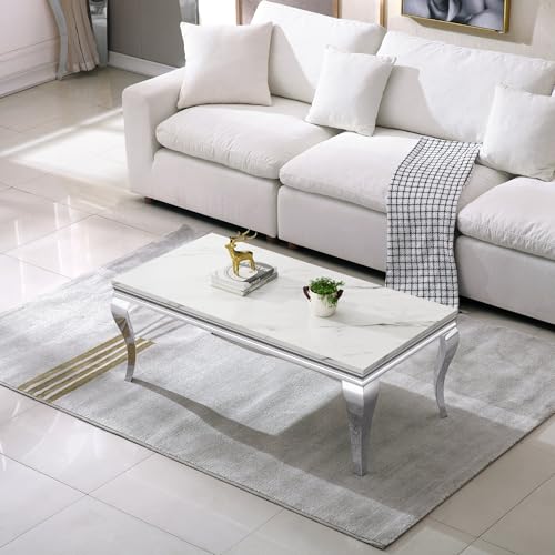 Image of Luxury Marble Coffee Table, Premium White Faux Marble Top, Silver Stainless Steel S Legs, 47 inch Rectangular Living Room Center Table, Modern Coffee Tables for Living Room, Apartment, Home Decor