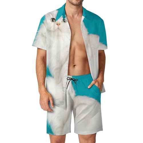Chat blanc mignon chemise hawaïenne hommes ensemble 2 pièces S imprimé animalier original