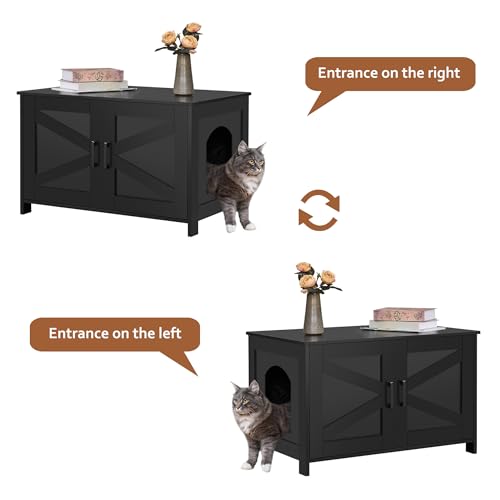 Homhedy Cat Litter Box Enclosure with Barn Door - Black Wooden Cat Washroom Furniture