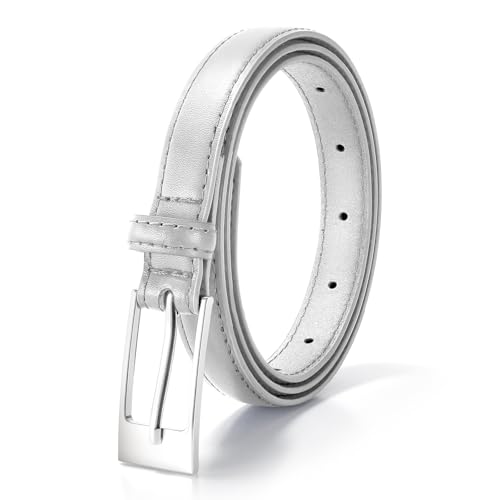 Women's Thin Genuine Leather Belt Skinny Waist Belt with Silver Buckle