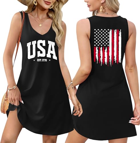 Image of LHBNK 4th of July Dress for Women: American Flag Tank Dresses Star Striped Splicing Loose V Neck Sundresses