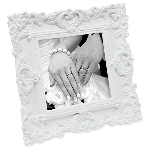 Laura Ashley 4X4 White Ornate Textured Hand-Crafted Resin Picture Frame With Easel & Hook For Tabletop & Wall Display, Decorative Floral Design Home Décor, Photo Gallery, Art, More (4X4, White) #TOP4