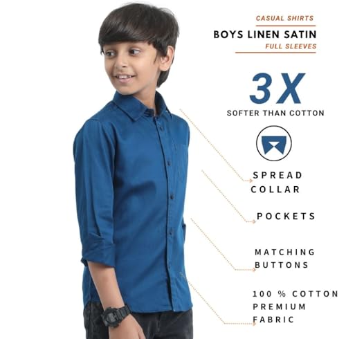 Image of Red Nine Rocket Science Boys' Solid Satin-Finish Poly Cotton Shirt | Single Pocket, Spread Collar, Long Sleeve, Casual