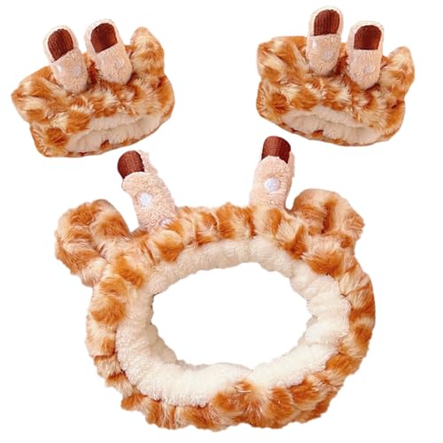 BAZEITFLOW Diadema y Pulsera de Peluche para Lavarse la Cara, Absorbente de Agua, Elástica y Antideslizante, Color Marrón Diseño de Jirafa, Conjunto para Cuidado Facial y Spa, Accesorio