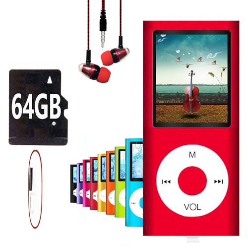 64GB MP3 Player, Hotechs MP3 Music Player with Slim Classic Digital LCD 1.82'' Screen Mini USB Port with FM Radio, Voice Record (Red)