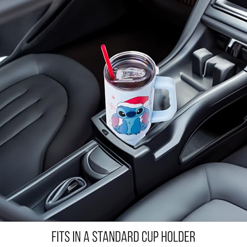 Image of Silver Buffalo Disney Lilo and Stitch Christmas Holiday Santa Hat and Snowflakes Double Walled Stainless Steel Tumbler with Handle and Straw, Fits in Standard Cup Holder, 40 Ounces