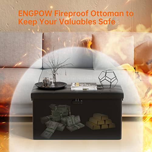 Engpow Storage Ottoman Bench,Fireproof Folding Storage Bench With Lock,30 Inches Fire＆Water Resistant Storage Chest Foot Rest Stool Leather Bedroom Bench With Storage Safe For Document,Valuables,Black #TOP3
