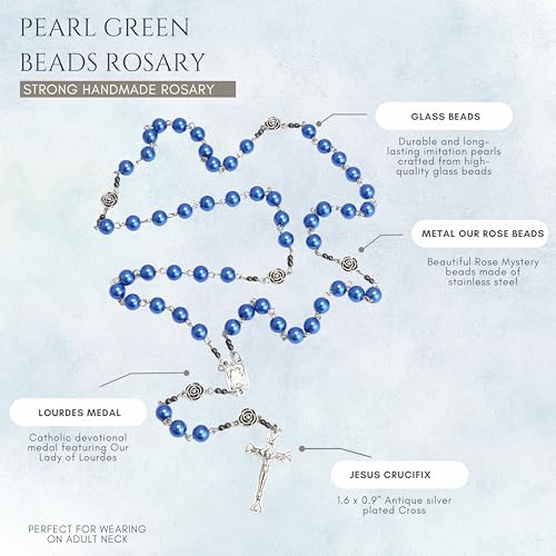 Nazareth Store Pearl Beads Rosary Metal Mystery Roses with Hematite stones, Catholic Rosary Necklace Our Rose Lourdes Medal & Cross Crucifix3