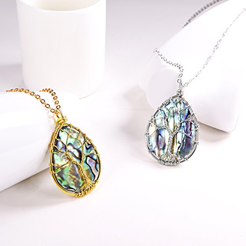 FOCALOOK Stainless Steel Wire Wrapped Tree of Life Abalone Necklaces Handmade Costume Jewelry Long Necklaces for Women (Send Gift Box)2
