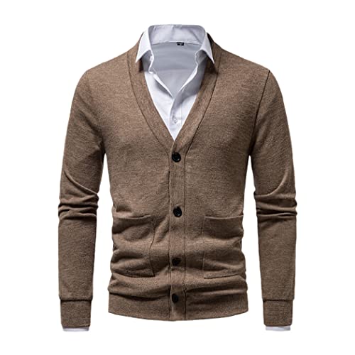Cardigan homme col en V marron café en tricot fin L pour mi-saison