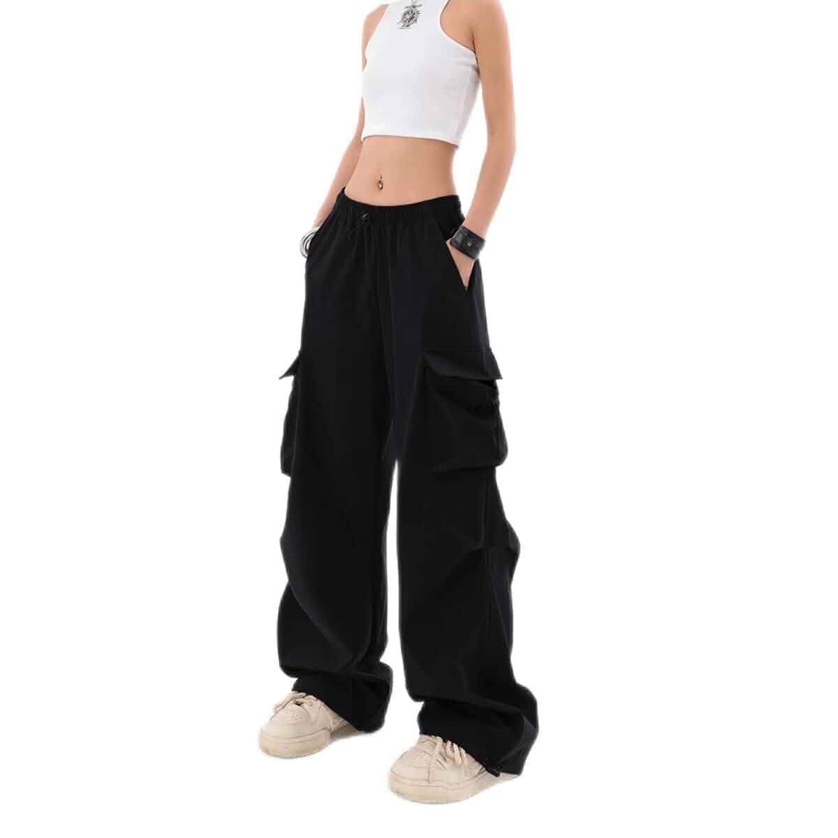 Baggy Parachute Pants Women Wide Leg Cargo Pants Y2k with Pocket Goth Women Hip Hop Streetwear Baggy Cargo Pants Lightweight Drawstring Waist Multi Pockets Dance Casual Boyfriend Harajuku Black
