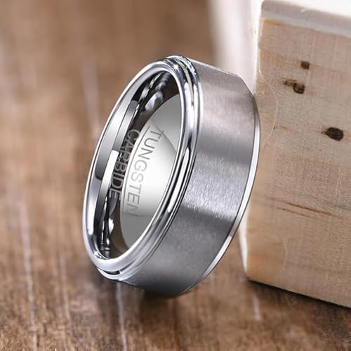VQYSKO Tungsten Ring for Men, 6mm-8mm Width, Gold, Silver, Matte Brushed Finish, Comfort Fit, Size 6-12 (Silver-8mm, 9)