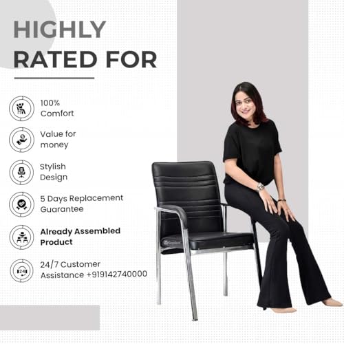 Image of Executive Director Principal Manager Office Visitor Study with arm Rest with Steel Frame and Cushion seat Back, Chair Without Wheels Holds up to 185 kg (1, Black, Heavy)