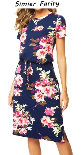 Image of Simier Fariry Womens Summer Hide Belly Knee Length Travel Dress Pocket Short Sleeve Midi Work Casual Outfits