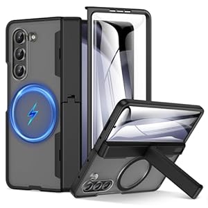 HWeggo for Samsung Galaxy Z Fold 5 Case with Kickstand & Front Screen Protector, with Magnetic Charging Magnetic Hinge Protection, Shockproof Protective Phone Case Cover, Black