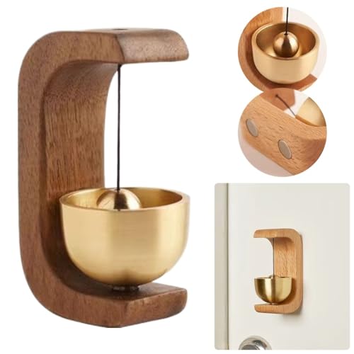 Image of Shopkeeper Bell Japanese Style Wooden Door Chime | Copper Bell Sound Alert for Shops, Homes & Offices | No-Drill Stick-On Doorbell | Rustic Oval Design for Door, Wall, Fridge, Cafe Decor