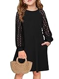 Haloumoning Girls Contrast Lace Long Sleeve Dress Kids Casual Pleated A Line Short Dresses with Pockets 5-14 Years Black