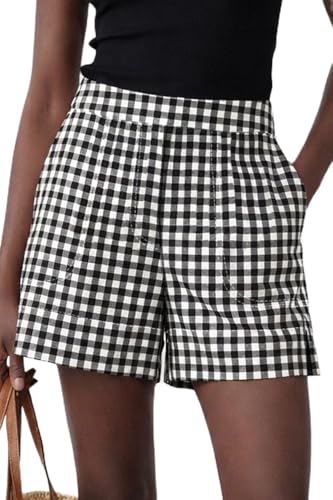 Micoson Womens Cotton Shorts Casual Comfy Shorts Summer Trendy Mid Waisted Short with Pockets 2026 Black White Checkered L