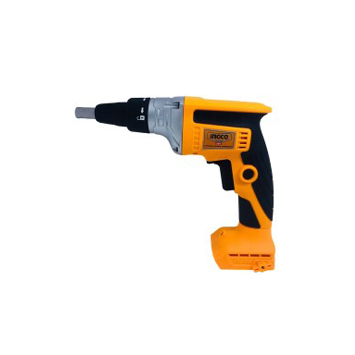 INGCO CDSLI2042006 - Atornillador para paneles de yeso a batería de 20 V, solo cuerpo, máquina motor Brushless 0-4200 RPM, 30 N.m, boquilla ajustable con casquillo Hex de 1/4 pulgadas, luz LED