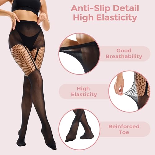 Faux Thigh High Tights for Women - Fishnet Gothic Pantyhose, High Waist Over-The-Knee Goth Leggings3