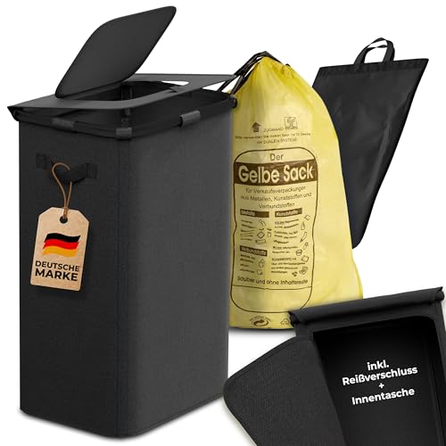 COTTARA® gelber Sack Ständer Mülleimer mit Deckel magnetisch Müllsackständer für Gelber Säcke mit Metallrahmen und Reißverschluss auf Rückseite, 60-120L Behälter Müllsystem (Schwarz Schwarz)