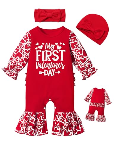 Image of AGAPENG Newborn Girl Clothes Ruffle Letter Print Romper Infant Bell Bottom Jumpsuit Boho Baby Girl Clothes with Headband Hat