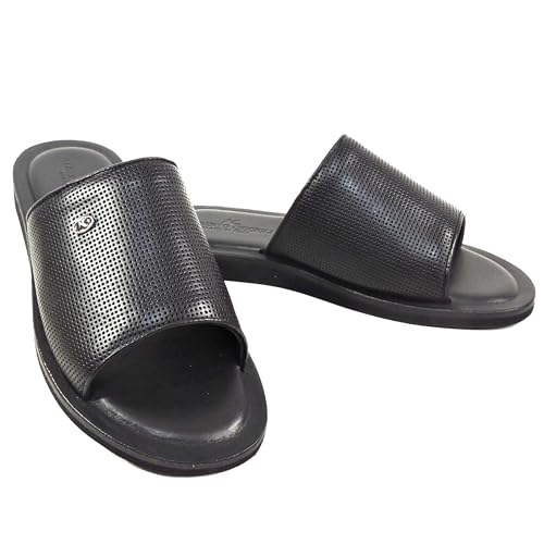 Men's Perforated Leather Slide Sandals, Black, Comfort Flat Summer Style, Size 42.5 Made in Italy