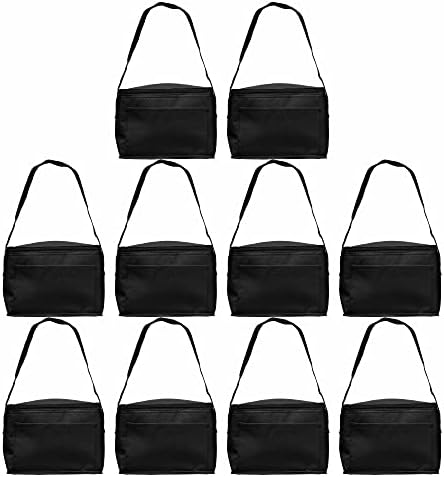DISCOUNT PROMOS 10 Zipper Top Insulated Lunch Bags Set - Non Woven, Vibrant, Black Strap - Black