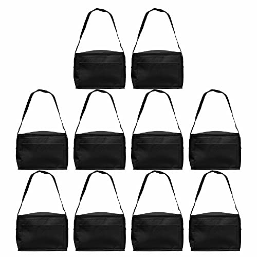 Discount Promos 10 Zipper Top Insulated Lunch Bags Set - Non Woven, Vibrant, Black Strap - Black #TOP1