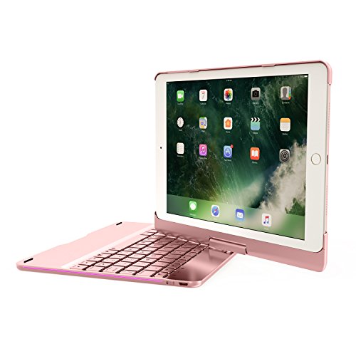 OXOQO iPad 9.7 2017/2018 Caja del Teclado, Aluminio Folio Cubierta del Soporte de Shell Inteligente con Teclado Bluetooth Retroiluminado Tnalámbrico para Apple iPad 2017/2018 Tableta (Oro Rosa)