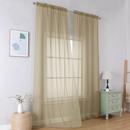 Image of Simplebrand Taupe Sheer Curtains 96 Inches Long, Light Filtering Light Brown Rod Pocket Solid Color Window Sheer Curtain Panels, Elegant Curtains & Drapes for Living Room, Bedroom 2 Panels, 42 inch W
