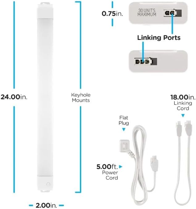 Diagram showing dimensions and components of the Enbrighten 24-inch LED Wi-Fi Light Fixture, including linking ports, power cord, and linking cord.