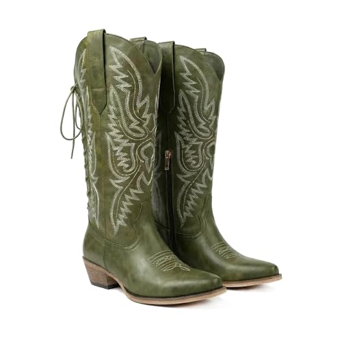 Image of Uillnoodu Wide Calf Cowboy Boots Women Adjustable Lace Up Knee High Tall Plus Size Cowgirl Boots Western Style Comfortable 2-Inch Heel