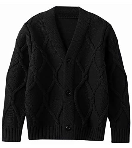Boys' Cardigans, Solid V-Neck Diamond Button Up Knit Cardigan Sweater Outerwear for Boys, A# Black, 7-8 Years = Tag 140