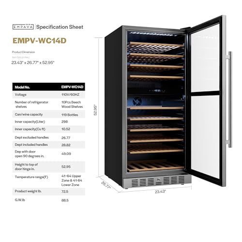 Image of Empava 24 inch Dual Zone Wine Cooler Refrigerator with Reversible Glass Door, Freestanding or Built In Tall Fridge with LED Light, Touch Control, 119 Bottles Capacity