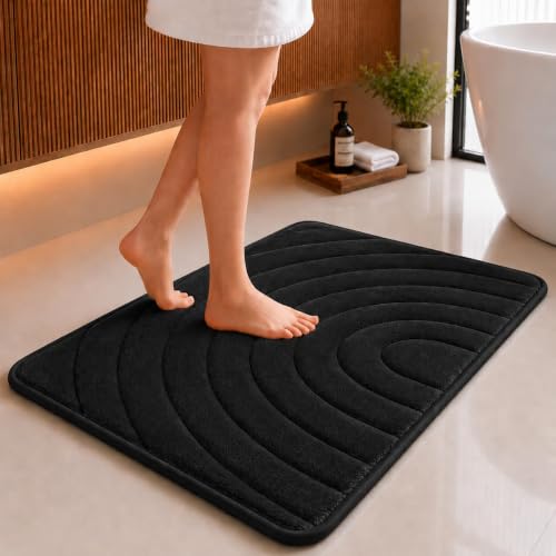 Image of Premium Memory Foam Bath Mat | 40x60cm Super Absorbent Velvet Bathroom Rug | Non-Slip Machine Washable Floor Mat (Jet Black)