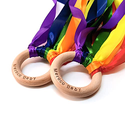 MEROCO Wood Ring Ribbon Rainbow Streamers Hand Kite Beach Activities for Kids Dance Props 2pcs