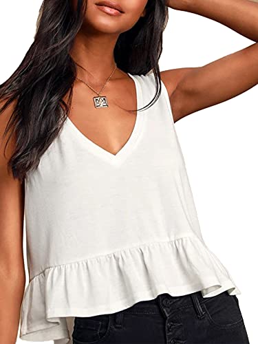 Lyaner Women's Casual V Neck Peplum Ruffle Hem Sleeveless Babydoll Tank Tops White Small #TOP2