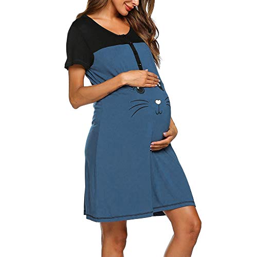 Preisvergleich Produktbild WFRAU Damen Umstandskleid Frauen Schwangerschafts Kleid Pyjamaskleid Stillkleid, Mutter Umstands für Schwangerschaft Basic Baby Stillzeit Stillkleid Nachtkleid Mode Umstandskleid Sommer