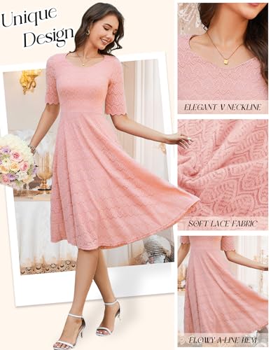 Image of Dressystar Women's Short Sleeve Lace Wedding Guest Dress V Neck A Line Formal Cocktail Evening Party Dresses 2025